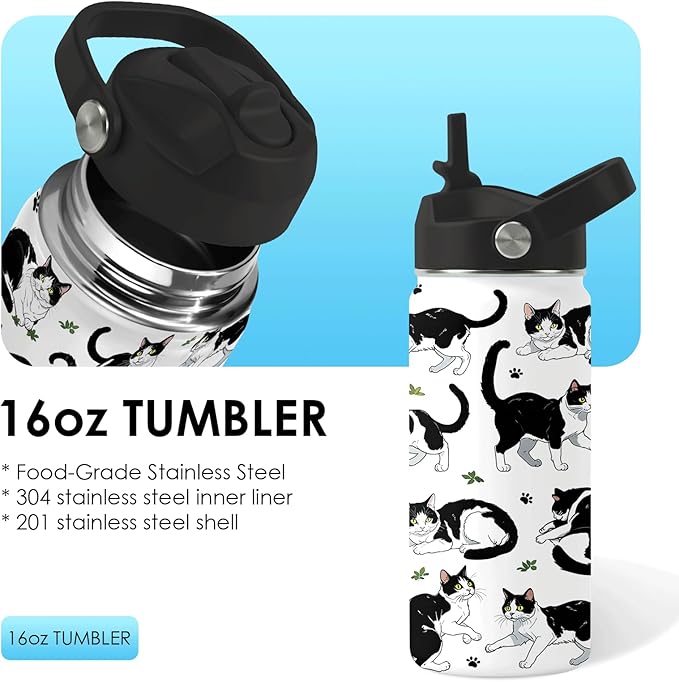 Cat Gifts for Kids - 16oz Black Cat Water Bottle with Straw Lid, Stainless Steel Insulated Bottle, Leak Proof, BPA-Free, for Boys, Girls, School - Black and White Cat Gifts Cats Lovers Gift Cup(1pc)