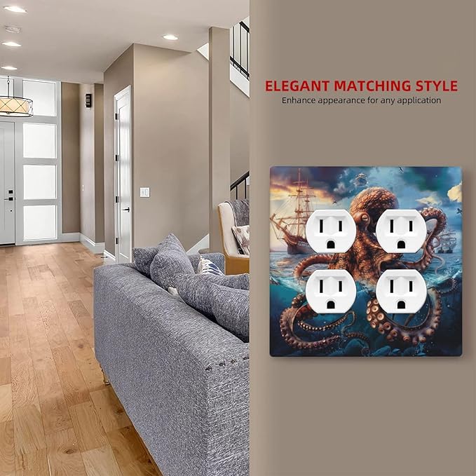 Decorative Light Switch Cover Plate Deep Ocean Octopus Sailboat Sea Monster 2 Gang Decorative Switch Plates 1 Toggle Duplex Combo Outlet Covers GFCI Plug Covers Wallplates for Bathroom Bedroom Decor