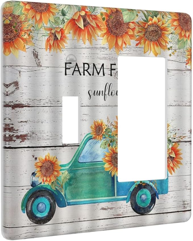 Decorative Outlet Covers Teal Farm Truck Pulling Sunflowers 2 Gang 1 Gang Wall Plate Single Toggle Rocker Device Combination Light Switch Cover Plate Jumbo Switch Plate Cover for Farmhouse