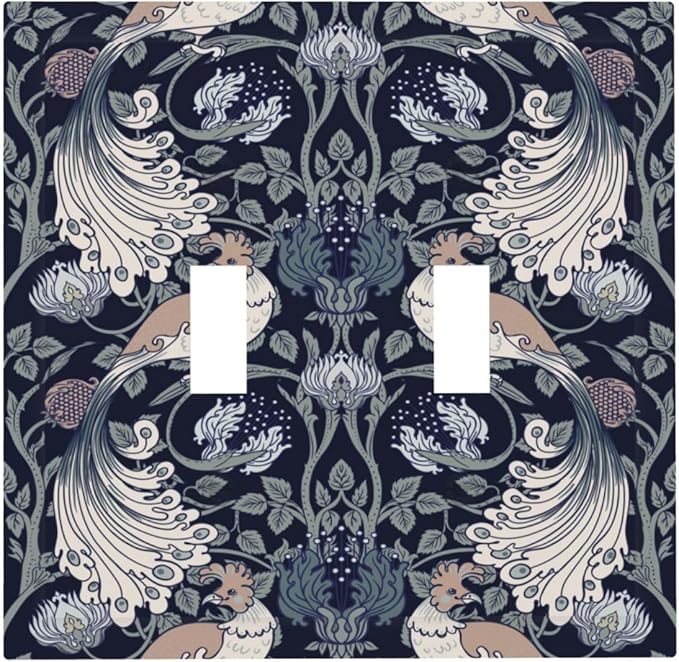 William Morris Vintage Floral Birds Peacocks Double Toggle Light Switch Covers 2 Gang Wall Plate Dual Decorative Switchplate Electrical Faceplate for Country Bathroom Bedroom Decor