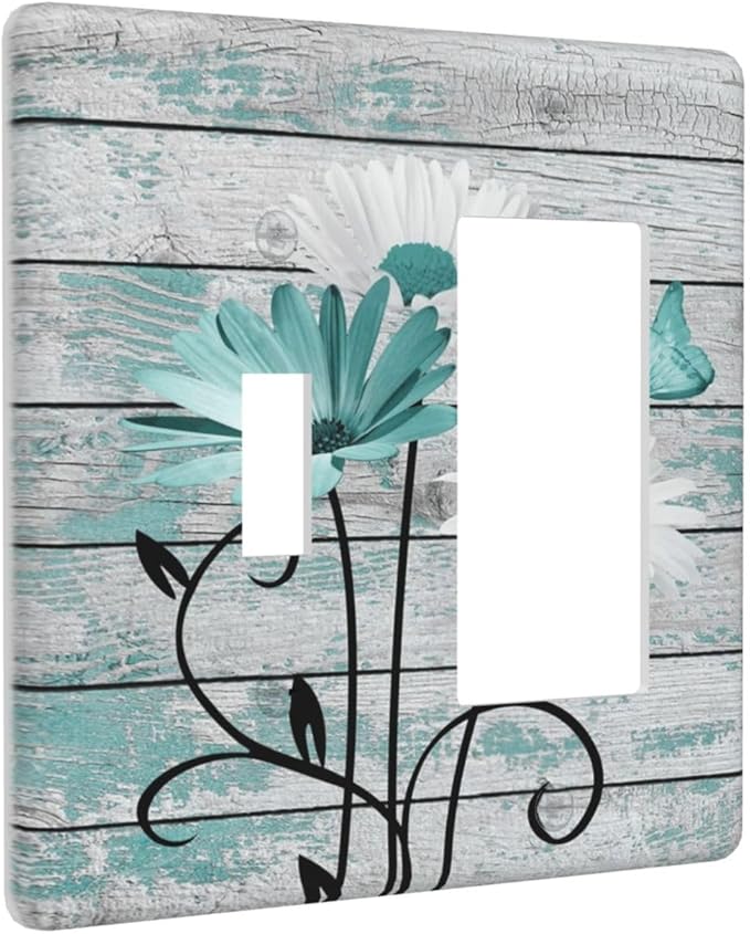 Teal White Daisy Flower Butterfly On Rustic Wood Board Outlet Covers 1 Toggle 1 Rocker Combination Decorative Wall Plate Electrical Switch Plates Light Switch Cover Plate for Farmhouse Bedroom Decor