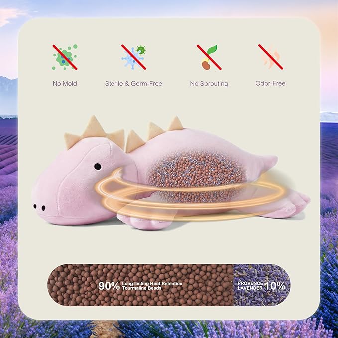 KOWSI® Microwavable Heating Pad Purple Stegosaurus Plush - 1.4 Lb Weighted Stuffed Animal Toy with Tourmaline Beads & Lavender - 16" Squished Long Dinosaur Pillow - Lumbar Back Cushion Lasting Warmth