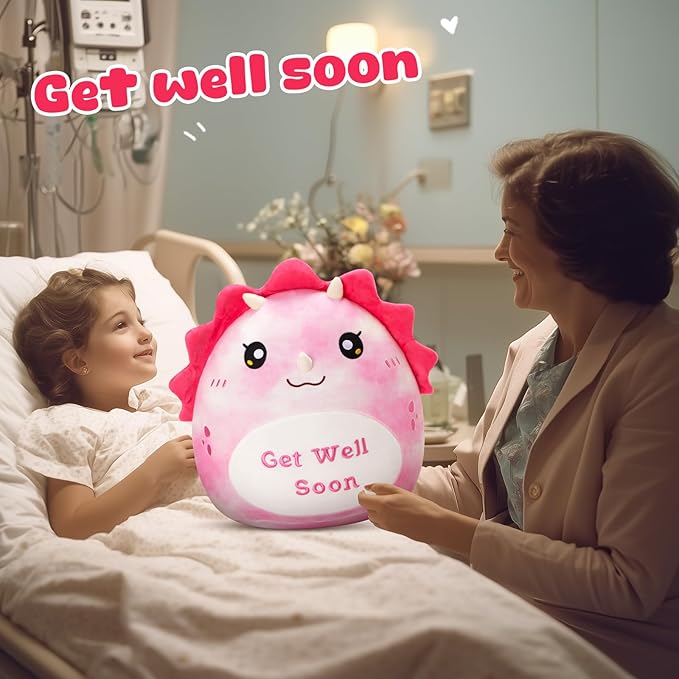 WEWILL 12'' Get Well Soon Dinosaur Soft Plush Pillow, Pink Triceratops Stuffed Animal Toy Gifts for Toddler Kids Boys Girls
