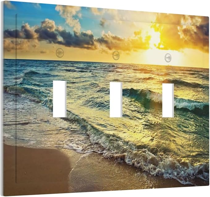 Sea Ocean Beach Sun Wave Sunrise 3 Gang Light Switch Plate Decorative Triple Toggle Wall Plate Cover Electrical Faceplate for Bathroom Home Living Room Decorate