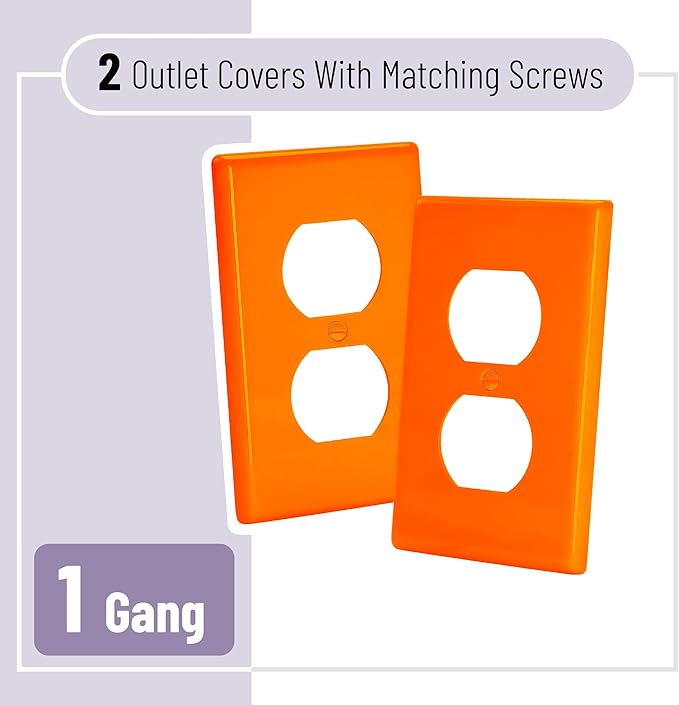 Bates- Duplex Receptacle Outlet Wall Plate, 4.5" x 2.75"/Standard Size, 2 Pack, Orange, 1-Gang Electrical Outlet Covers, Impact Resistant, UV Protection, Polycarbonate Thermoplastic