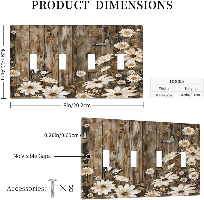 Light Switch Cover Plate Rustic Wood Butterflies Flowers Botanical 4 Gang Quad Toggle Decorative Switch Plates Electrical Wall Plates Faceplate for Farmhouse Cabin Decor