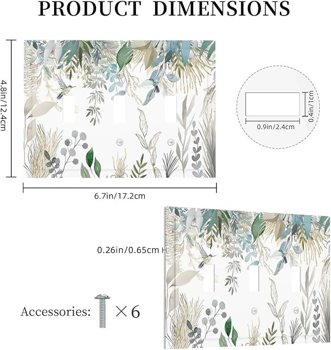 Green Tropical Palm Leaves Flower Plants Hummingbird Decorative Switch Plates 3 Gang Wall Plate Triple Toggle Light Switch Cover Faceplate Electrical Wall Panels for Bed Room Living Room Decor