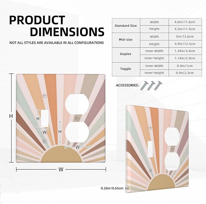 Boho Sun Rainbow Retro Aesthetic Abstract Art Sunrise Sunset Wallplates 1 Toggle 1 Duplex Switch Plate Electrical GFCI Faceplate Decorative Light Switch Covers for Kids Room Bedroom Decor