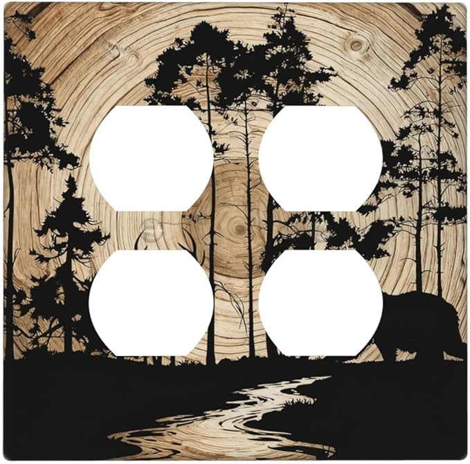 Rustic Forest Antler Black Bear Deer Silhouettes Outlet Covers 2 Gang Double Duplex Decorative Light Switch Covers Electrical Wallplates Socket Faceplate for Farmhouse Home Decor