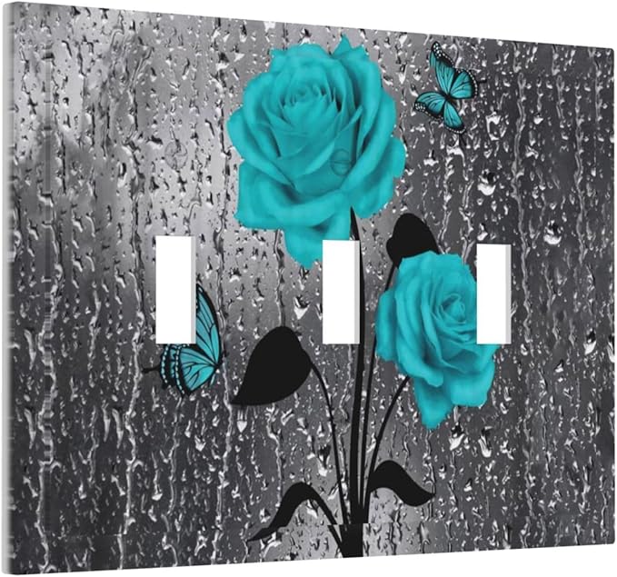 Romantic Elegant Butterfly Turquoise Teal Blue Gray Rose Flower Floral Triple Toggle Decorator Outlet Light Switch Wall Plate Cover Decorative 3 Gang Jumbo Size Three Device Receptacle Faceplate Cover