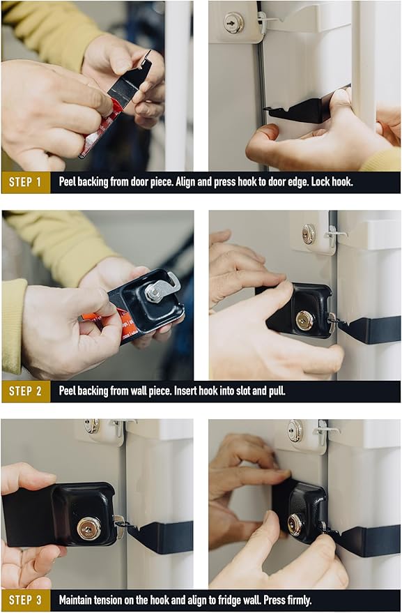 Child Proof Fridge Lock with Key | 100% Metal Refrigerator Lock for Toddlers & Kids | 400 lbf 3M Adhesive No-Drill | Baby Safety Freezer Cabinet Lock (1 Pack, White)