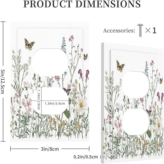 Outlet Covers Rustic Wildflowers Butterfly Colorful Floral 1 Gang Duplex Light Switch Cover Decorative Switch Plates Electrical Receptacle Faceplate Wall Plate For Bed Room Living Room