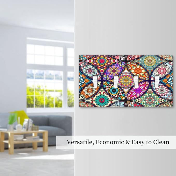 Bohemian Quad Toggle Light Switch Cover Decorative 4 Gang Switch Plates Cover colorful Vintage Floral Mandala Flower for Bathroom Home Living Room Decor 8 X 4.5 In