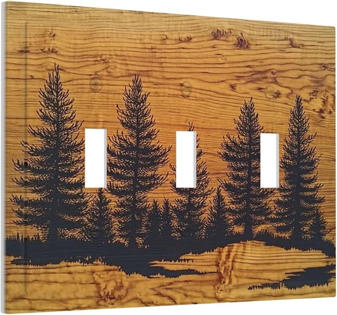 Decorative Switch Plates Forest Pine Silhouette Rustic Wood Grain 3 Gang Wall Plate Triple Toggle Light Switch Cover Faceplate Electrical Wall Panels For Farmhouse Cabin Decor