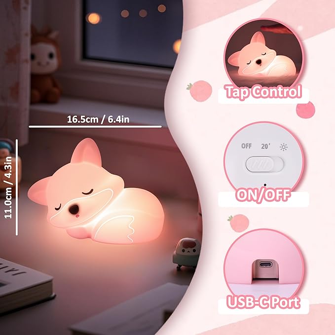 CoolGift Mart Fox Night Light, Cute Fox Silicone Night Light Gifts for Girls 8-12, Fox Lamp for Kids Child Baby Women Nursery, Animal Light with Touch Control, Timer and USB Rechargeable