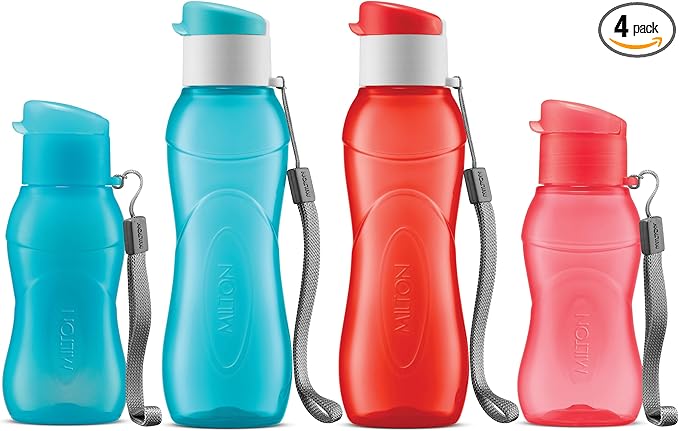 MILTON 4 pack 6 and 12 oz Kids Water Bottle for School Leak Free Flip Lid- Portable Small Sports Water Bottle for Adults Carry Strap Party Favors for Kids Prizes Gifts Goodie Bag Stuffers Bulk Pack