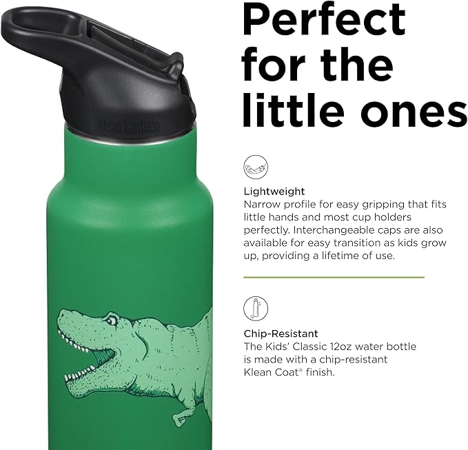 Klean Kanteen 12 oz Classic Kid's Insulated Water Bottle with Flip Seal Sport Cap - 100% Leakproof Cap - BPA-Free - Stainless Steel Material - Dino Skate
