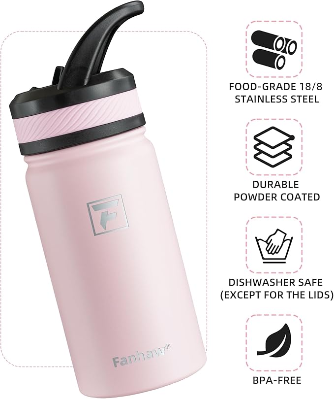 Fanhaw 14 Oz Kids Insulated Water Bottle with Straw Lid – Stainless Steel Double Wall Vacuum, Leak-Proof, BPA-Free Water Bottles for School Boys & Girls(Pink)