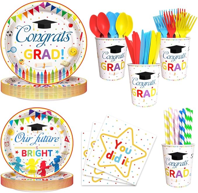 AIBIIN 192 Pcs Kindergarten Graduation Party Decorations 2026 Preschool Graduation Party Supplies Congrats Grad Disposable Tableware Set with Plates Napkins Cups Serves 24 Guests