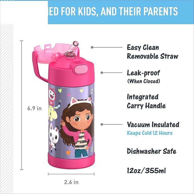 THERMOS FUNTAINER Water Bottle with Straw - 12 Ounce - Kids Stainless Steel Vacuum Insulated Water Bottle with Lid,Gabby’s Dollhouse,(Pack of 6)