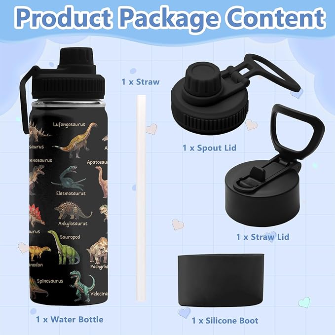 Dinosaur Gifts for Boys, 18 oz Stainless Steel Water Bottles with 2 Lids, Insulated Water Bottle with Straw, Dinosaur Cups for Travel Sports Outdoor, Birthday Christmas Gifts for Boys Dino Lovers