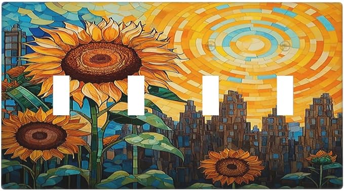 Abstract Sunflower Graffiti Floral Paint Art Flower Light Switch Covers Quad Toggle 4 Gang Wall Plate Decorative Switch Plates Electrical Faceplate for Bedroom Living Room Decor