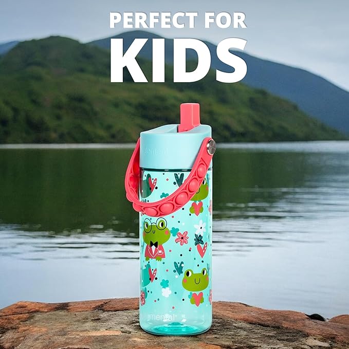 Elemental Water Bottles for Kids - Splash Kids Water Bottle for School with Pop-it Handle - BPA Free Tritan Plastic Water Bottle with Straw Leak Proof when Spout is Closed - Fancy Frog - 18oz