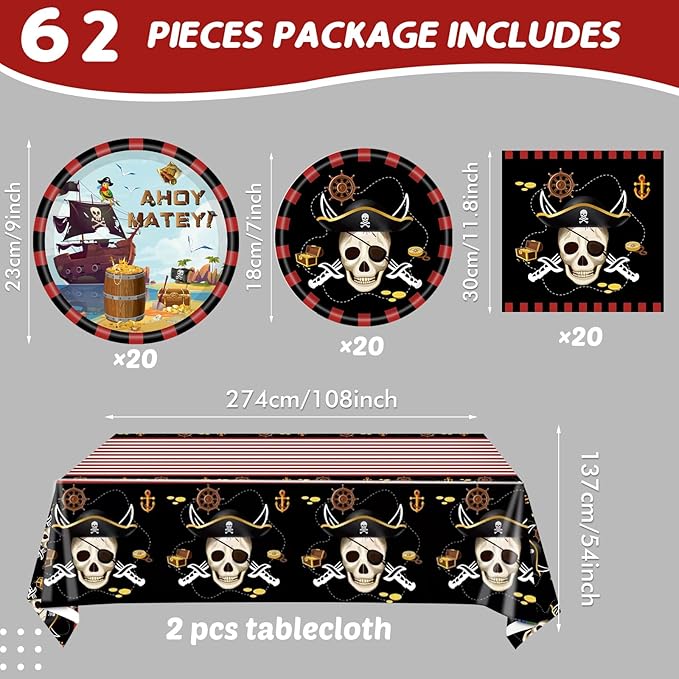 62Pcs Pirate Birthday Party Supplies Decorations, Pirate Treasure Theme Dinnerwares Includes 20pcs 9''Plates and 20pcs 7''Napkins with 2pcs Tablecloth for 20 Guests, Disposable Party Dessert Tableware