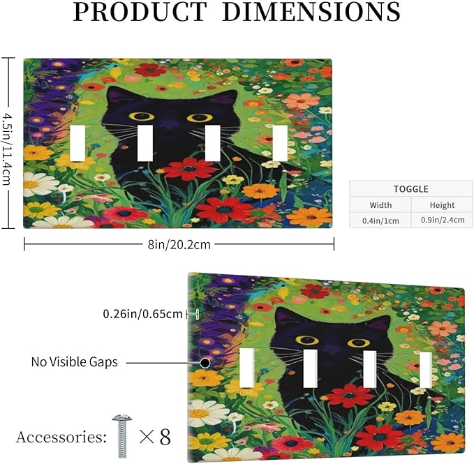 Decorative Art Light Switch Covers BlackCat&Flowers Quad Toggle 4 Gang Wall Plate Switch plate Electrical Faceplate for Home Decor