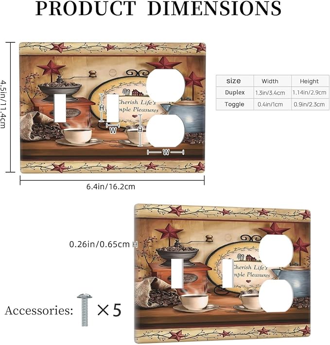 Barn Kitchen Cafe Coffee Texas Star 3-Gang 2-Toggle 1-Duplex Receptacle Combination Light Switch Decorative Triple Combo Device Switches/Rocker Outlet Covers and Wall Plate