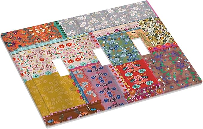 Light Switch Cover Boho Patchwork Bohemian Stitching Colorful Floral 3 Gang Wall Plate Triple Light Switch Plate Toggle Decorative Outlet Covers Electrical Switchplate for Bathroom Home Decor