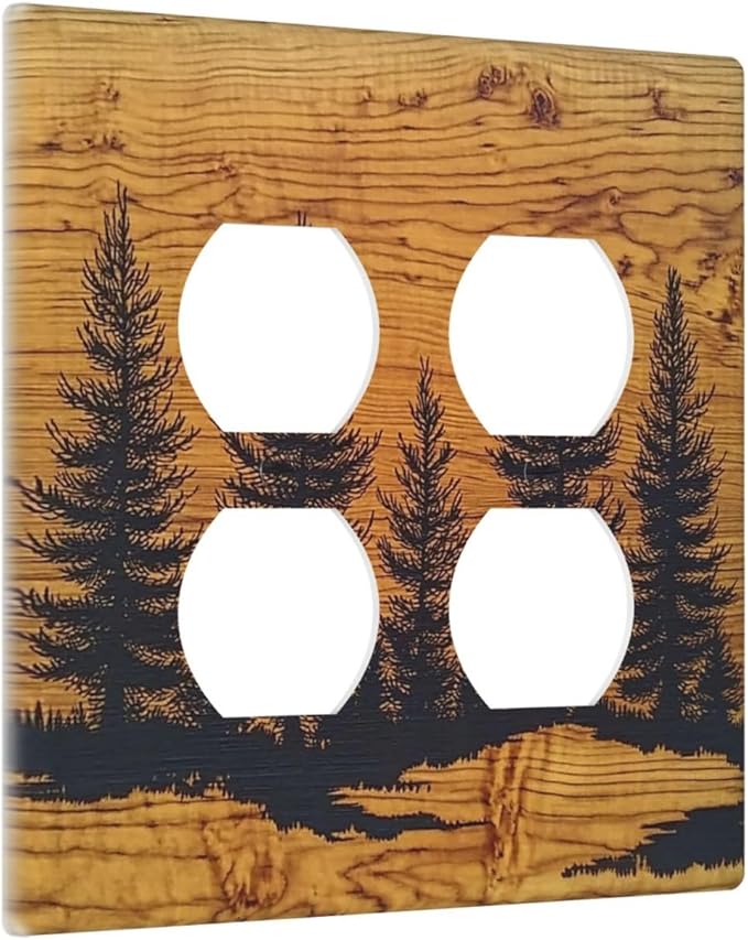 Outlet Covers Forest Pine Silhouette Rustic Wood Grain 2 Gang Double Duplex Decorative Light Switch Covers Electrical Wallplates Socket Faceplate For Farmhouse Cabin Decor