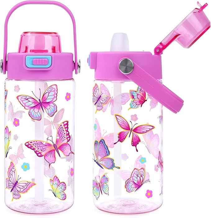 Queenshin Girls Butterfly Water Bottle for School 20oz BPA-Free Tritan Outdoor Kids Sports Water Cup Leak Proof with Straw Lid Handle Pop-Up Spout Cover