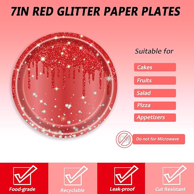 72 Pcs Red Glitter Paper Plates 7in Disposable Paper Dessert Plates Napkins and Forks Party Tableware Set Happy Birthday Table Decorations for 24 Guests Christmas Valentine's Day Red Birthday Party