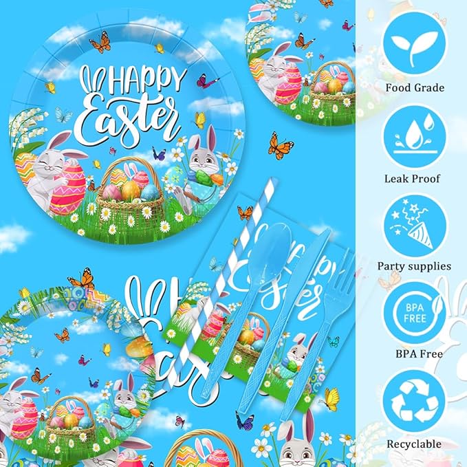 AIBIIN 193pcs Happy Easter Party Decorations Easter Paper Plates and Napkins, Cup, Tablecloth, Tableware, Spring Bunny Egg Disposable Dinnerware Party Supplies Serve 24 Guests