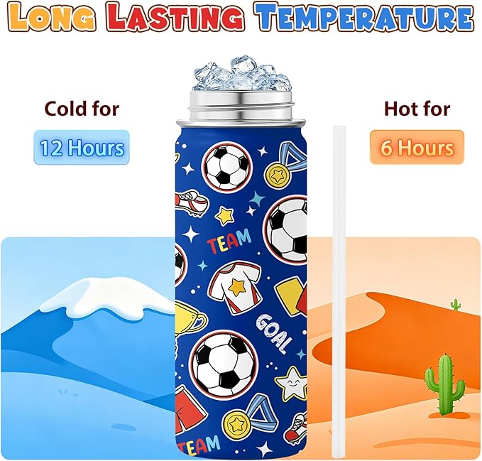Soccer Gifts for Kids - 18 Oz Kids Water Bottle with Straw Lid, Stainless Steel Insulated Tumbler, Leak Proof, BPA-Free, for Girls, School, Travel - Soccer Lovers Children Birthday Gifts Cups(1pc)