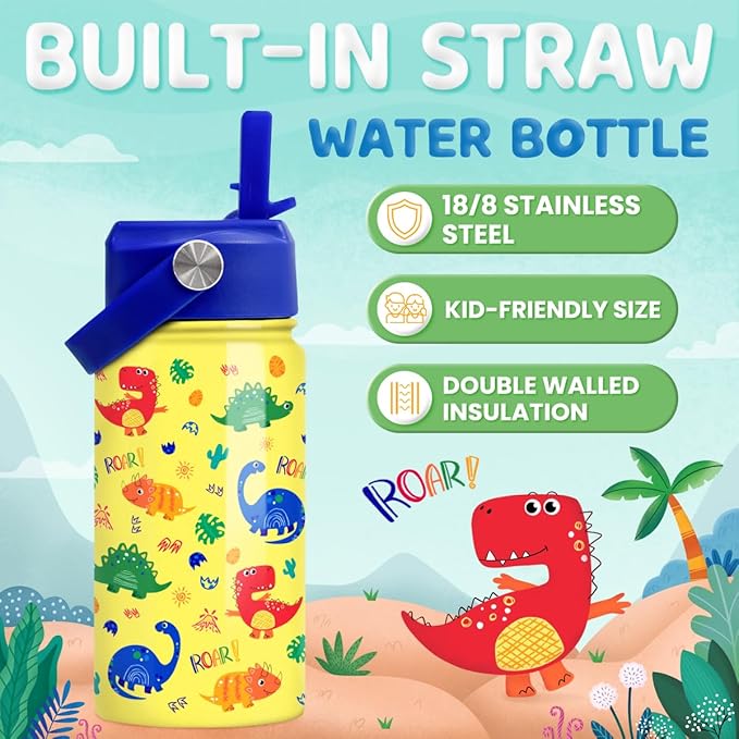 Dinosaur Kids Water Bottle - 12 Oz Insulated Stainless Steel - Straw Lid for Toddlers & Kids - School & Sports Travel Cup