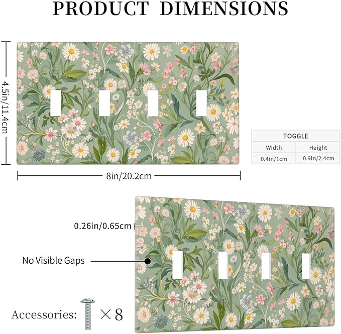 Decorative Switch Plate Cover with Vintage Wildflowers & Daisies on Light Green Background Design 4 Gang Artistic Wall Plate Unique Quad Toggle Light Switch Covers