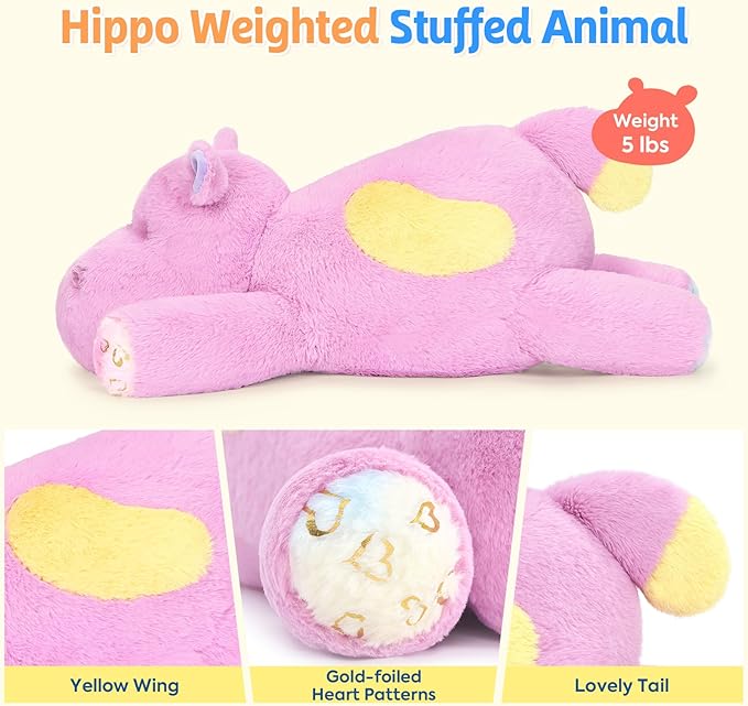 PEACH CAT 23.6 inch 5 lbs Hippo Weighted Stuffed Animals Large Hippopotamus Plushies Cute Plush Toys Gifts for Kids Adults