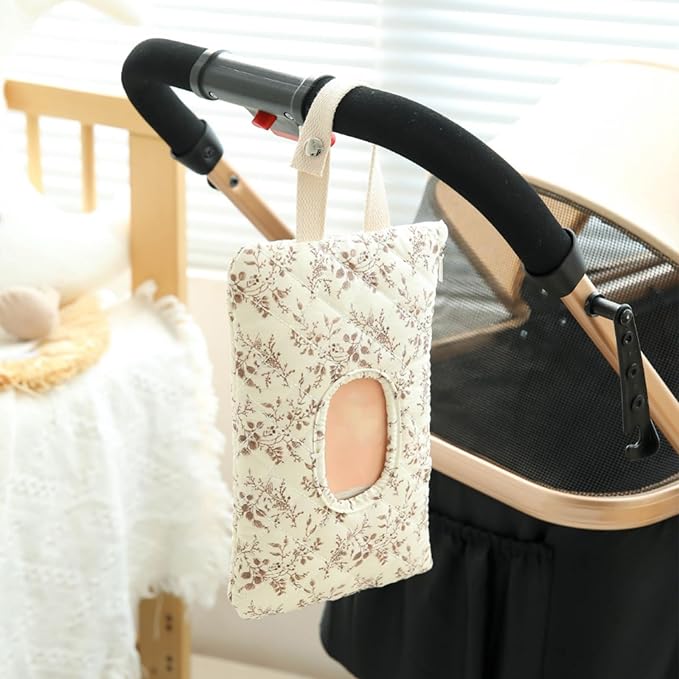 Quilted Baby Wipe Holder Quilted Wipe Pouch Portable Hanging Floral Wet Wipes Bag for Car, Stroller