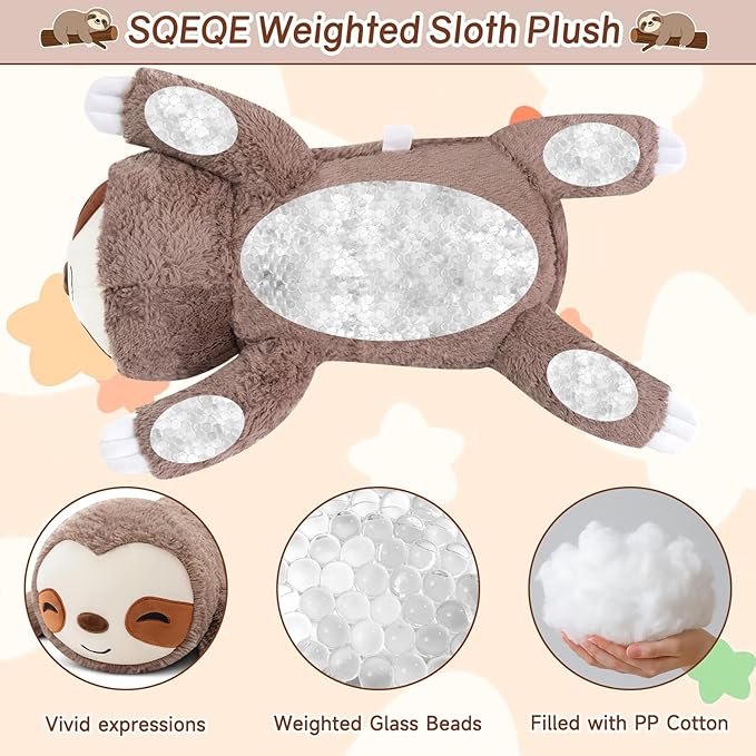 SQEQE Weighted Stuffed Animals Sloth Plush, Weighted Sloth Stuffed Animals Plushies, Soft Pillow Toy for Kids Adults, Valentines & Birthday Gifts 9.8 Inch, 0.8 Lb