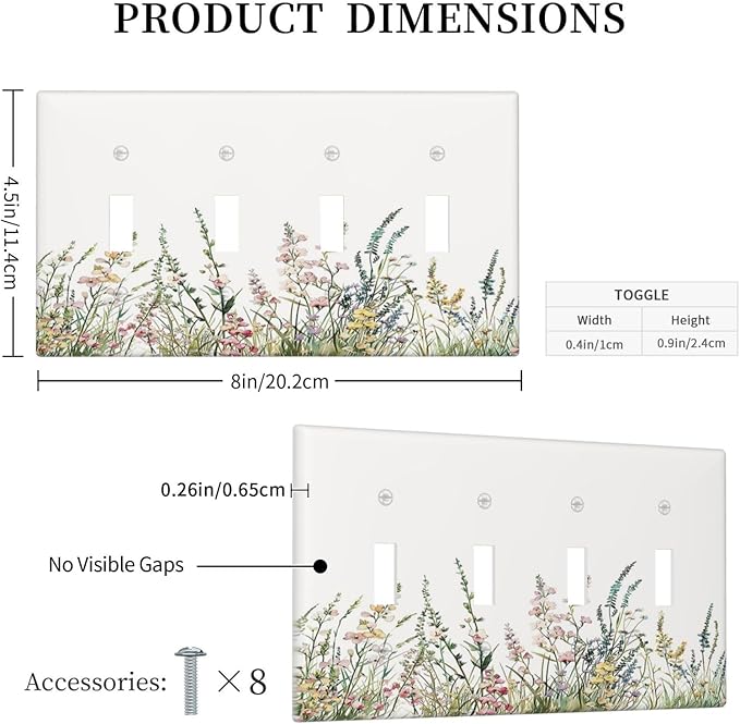 Light Switch Covers Boho Wildflower Green Leaves Rustic Floral Botanical Quad Toggle 4 Gang Wall Plate Electrical Faceplate Decorative Switch Plates for Bedroom living Room Decor