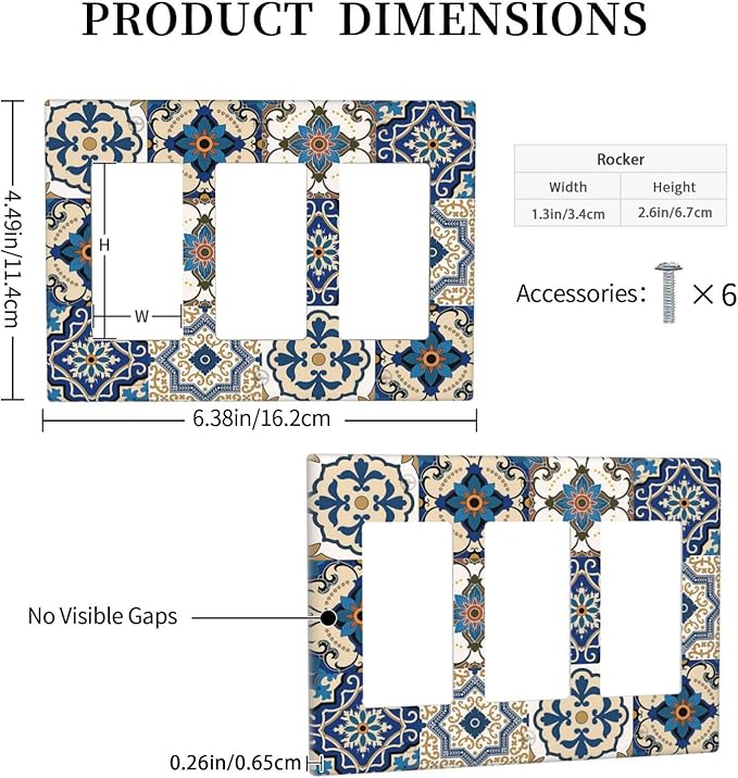 Light Switch Covers Mandala Decorative Tile Talavera Moroccan Tiles 3 Gang Rocker Electrical GFCI Decorative Triple Outlet Wall Plate Cover Switchplate for Bedroom living Room Decor