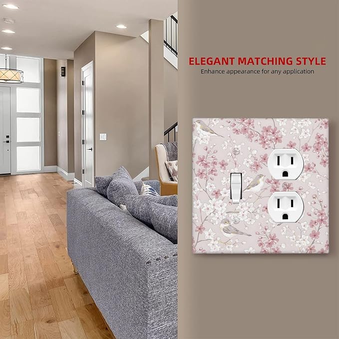 Pink Sakura Cherry Blossom Vintage Bird Floral Flower Wallplates 1 Toggle 1 Duplex Switch Plate Electrical GFCI Faceplate Decorative Light Switch Covers for Bedroom Living Room Decor