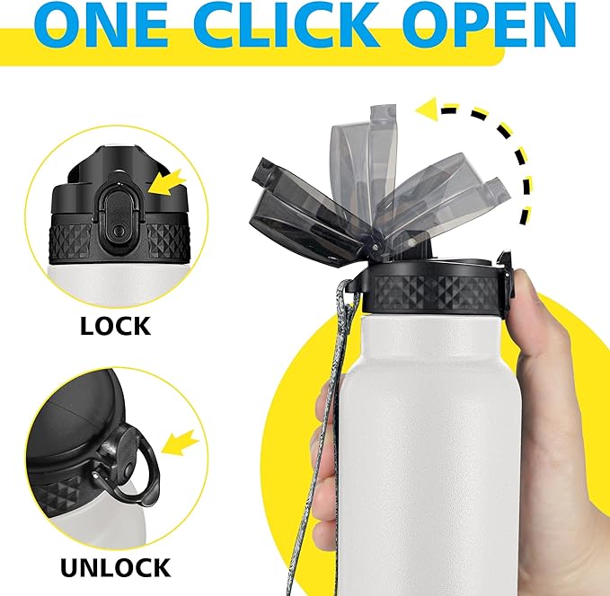 Han's Bottle Sports Water Bottle - 24 Oz, Straw Lid, Leak Proof, Vacuum Insulated Stainless Steel, Double Walled, Thermo Mug,White & Black