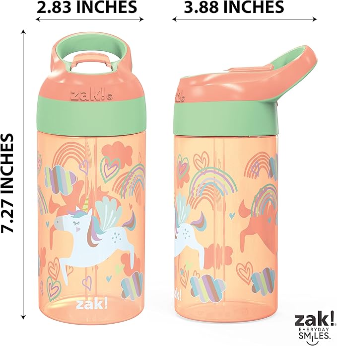 Zak Designs 16oz Riverside Kids Water Bottle with Spout Cover and Built-in Carrying Loop, Made of Durable Plastic, Leak-Proof Water Bottle Design for Travel (Unicorn & Shells, Pack of 2)