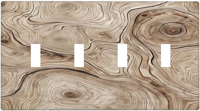 Tree Annual Rings Burl Texture Brown Wood Grain Print Light Switch Covers Quad Toggle Electrical Faceplate 4 Gang Wall Plate Decorative Switch Plates Cover for Farmhouse Bedroom Decor