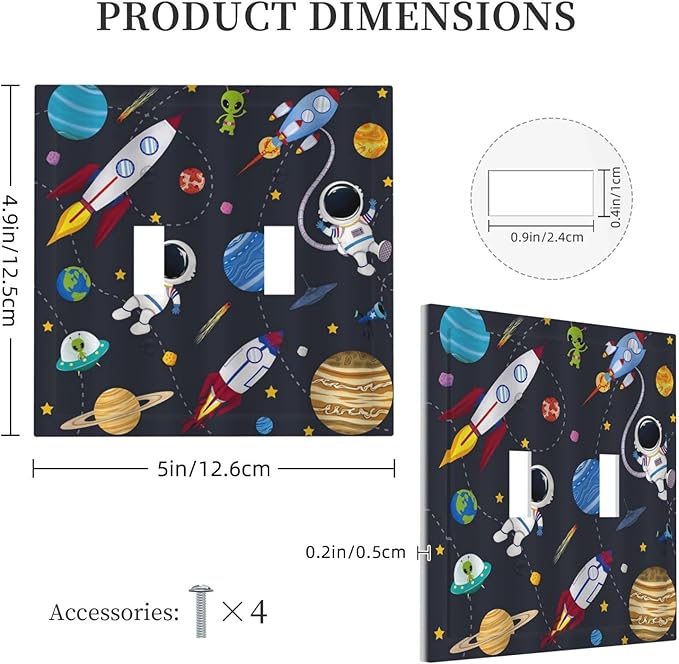 Rocket Planets Astronaut Blue Decorative 2 Gang Light Switch Plate Cover Double Toggle Wall Plate Decorative Switchplate Electrical Faceplate for Nursery Kidsroom Bedroom Decor