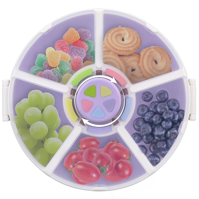 JOOPETALK Kids Reusable Rotating Snack Container with 5 Separate Compartments, Color Matching Opening Lid, BPA/PVC-Free, Dishwasher Safe, Perfect for Travel, School Lunches & On-the-Go Snacking-Purple