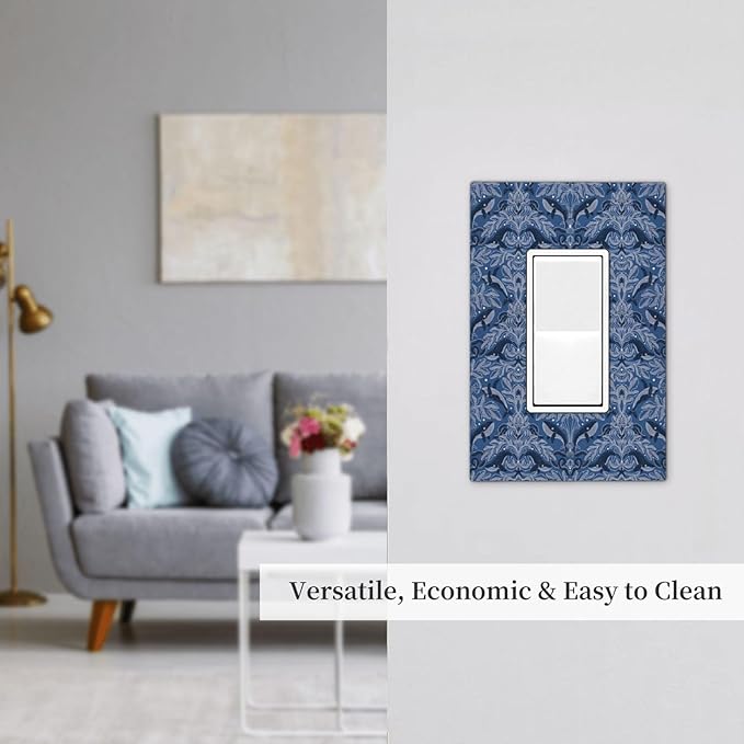 Blue Modern Nautical Art Whale Fish Ocean Damascus Decorative Outlet Covers 1 Gang Single Rocker Light Switch Cover Plate Wall Plates GFCI Faceplate for Bedroom Living Room Decor